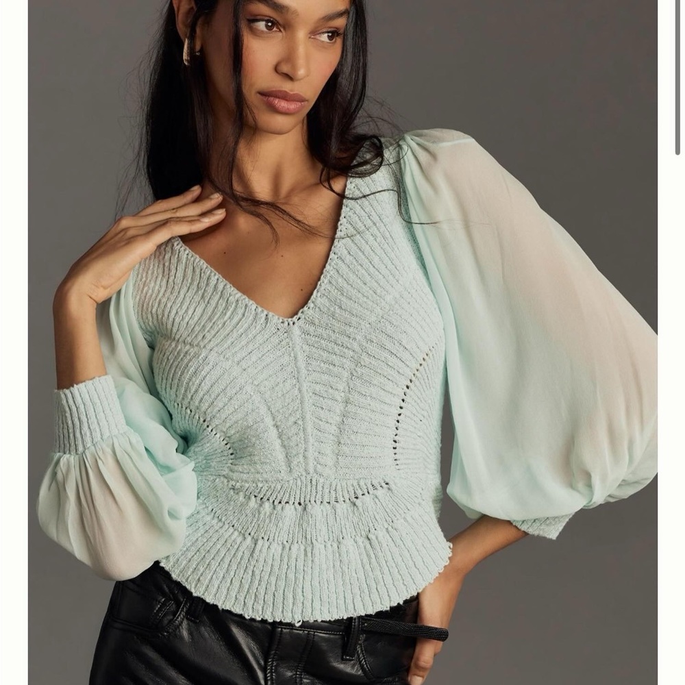 Anthropologie Pale Mint V-Neck Knit Top with Sheer Bishop Sleeves